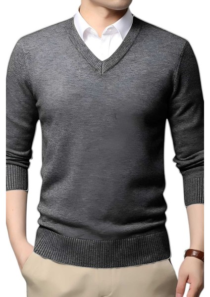 2'li Erkek V Yaka Uzun Kol Triko Tüylenmez Süveter Erkek Slim Fit Süveter fiyatları
