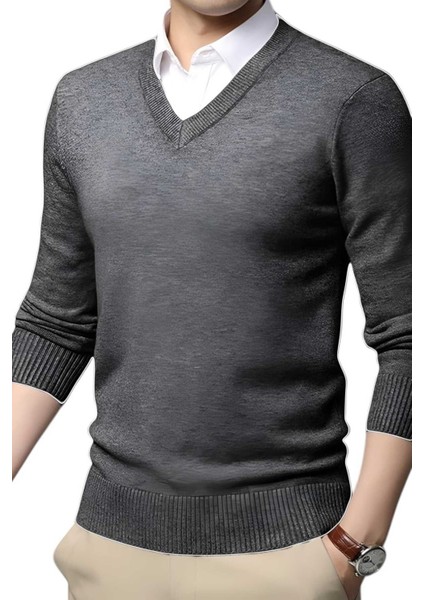 2'li Erkek V Yaka Uzun Kol Triko Tüylenmez Süveter Erkek Slim Fit Süveter modelleri