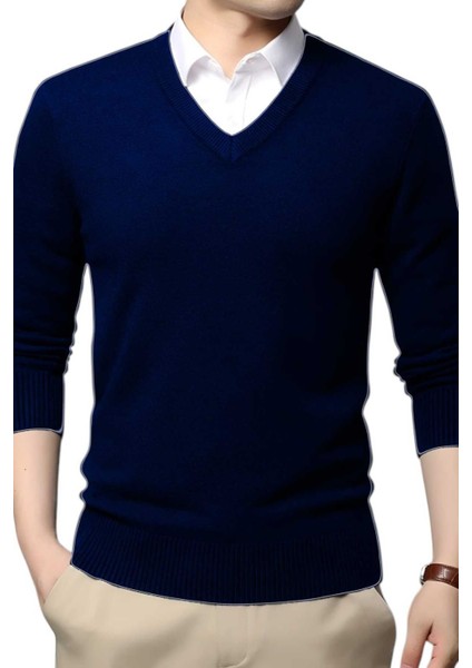 2'li Erkek V Yaka Uzun Kol Triko Tüylenmez Süveter Erkek Slim Fit Süveter modelleri