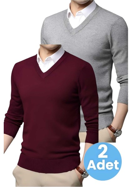 2'li Erkek V Yaka Uzun Kol Triko Tüylenmez Süveter Erkek Slim Fit Süveter fırsatları