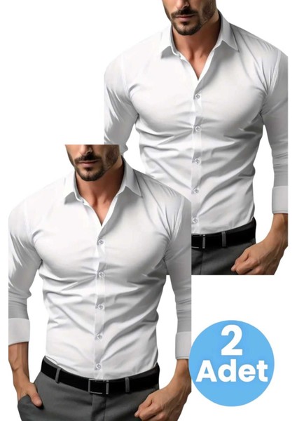 Slim Fit Uzun Kol Nefes Alan Kolay Ütülenen Kravatlık Dört Mevsim Erkek Gömlek 2'li Set