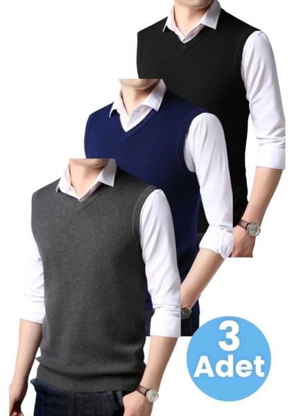 3'lü Erkek V Yaka Triko Tüylenmez Süveter Erkek Slim Fit Süveter