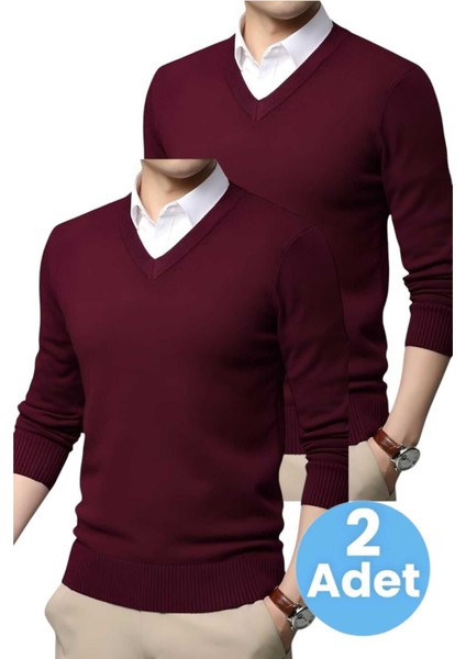 2'li Erkek V Yaka Uzun Kol Triko Tüylenmez Süveter Erkek Slim Fit Süveter