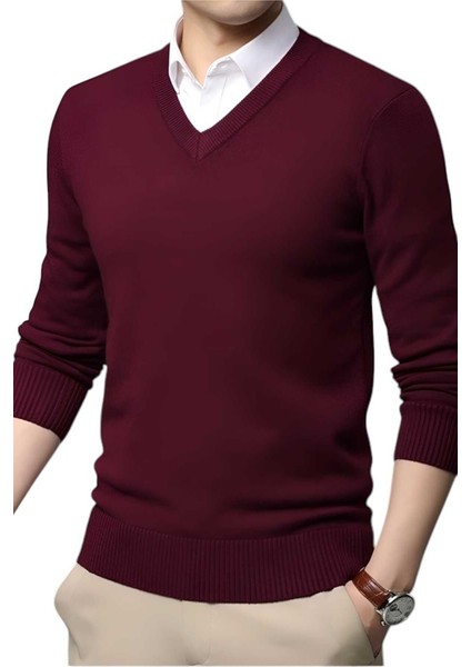 2'li Erkek V Yaka Uzun Kol Triko Tüylenmez Süveter Erkek Slim Fit Süveter modelleri