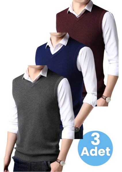 3'lü Erkek V Yaka Triko Tüylenmez Süveter Erkek Slim Fit Süveter