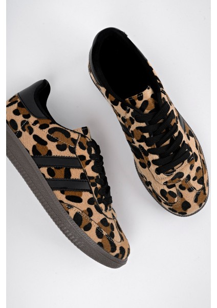 Leopard Garantili Kadın Ortopedik Günlük Bağcıklı Yürüyüş Leopar Desenli Sneaker Spor Ayakkabı