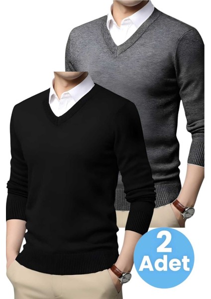 2'li Erkek V Yaka Uzun Kol Triko Tüylenmez Süveter Erkek Slim Fit Süveter