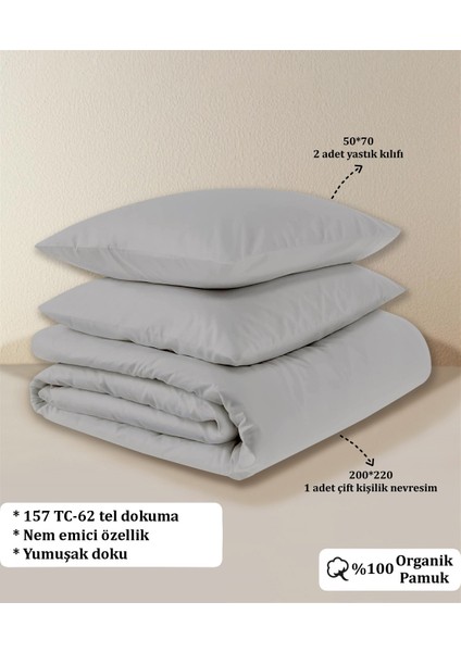 Organik Pamuk Akfil Nevresim Seti Çift Kişilik 200 x 220 cm Gri