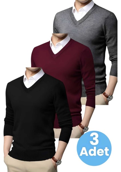 3'lü Erkek V Yaka Uzun Kol Triko Tüylenmez Süveter Erkek Slim Fit Süveter