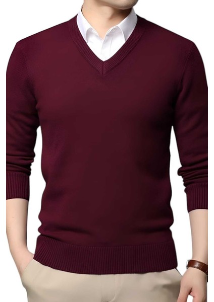 3'lü Erkek V Yaka Uzun Kol Triko Tüylenmez Süveter Erkek Slim Fit Süveter modelleri