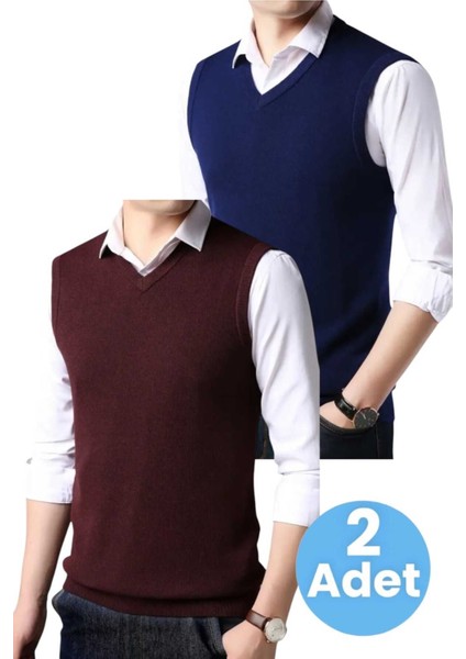 2'li Erkek V Yaka Triko Tüylenmez Süveter Erkek Slim Fit Süveter fırsatları