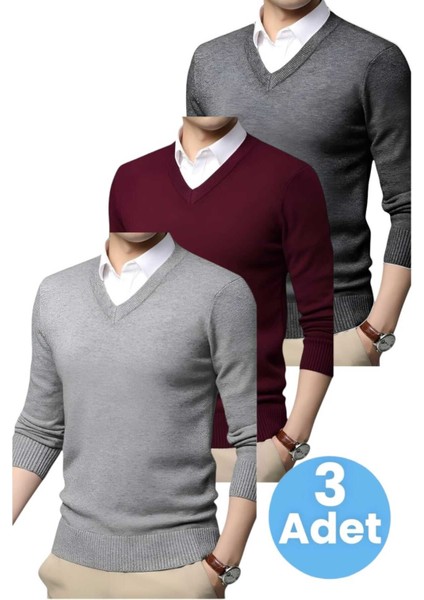 3'lü Erkek V Yaka Uzun Kol Triko Tüylenmez Süveter Erkek Slim Fit Süveter