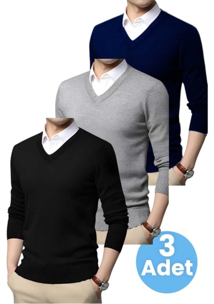3'lü Erkek V Yaka Uzun Kol Triko Tüylenmez Süveter Erkek Slim Fit Süveter indirimleri