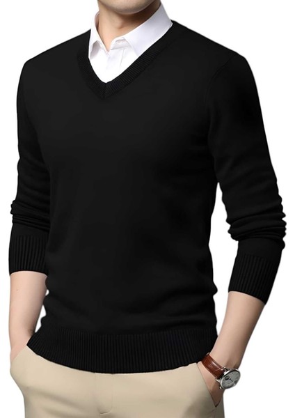 2'li Erkek V Yaka Uzun Kol Triko Tüylenmez Süveter Erkek Slim Fit Süveter modelleri