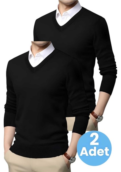 2'li Erkek V Yaka Uzun Kol Triko Tüylenmez Süveter Erkek Slim Fit Süveter fırsatları