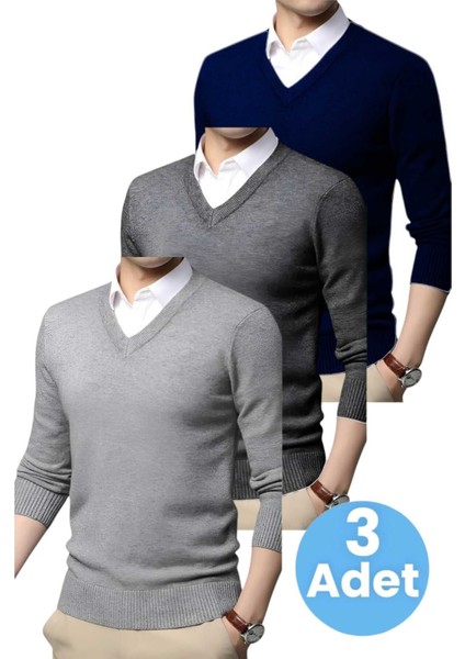 3'lü Erkek V Yaka Uzun Kol Triko Tüylenmez Süveter Erkek Slim Fit Süveter
