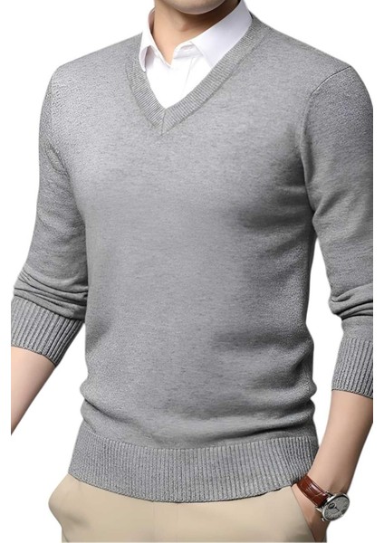 2'li Erkek V Yaka Uzun Kol Triko Tüylenmez Süveter Erkek Slim Fit Süveter modelleri
