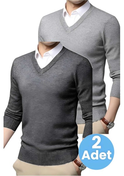 2'li Erkek V Yaka Uzun Kol Triko Tüylenmez Süveter Erkek Slim Fit Süveter fırsatları