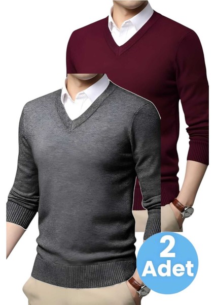 2'li Erkek V Yaka Uzun Kol Triko Tüylenmez Süveter Erkek Slim Fit Süveter fırsatları