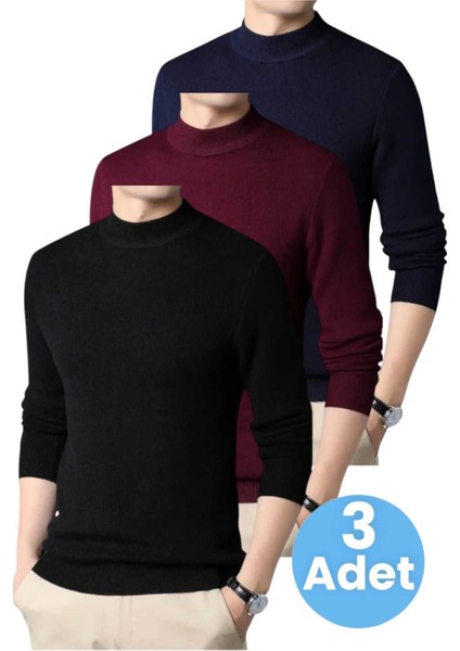3'lü Erkek Tüylenmeyen Yarım Boğazlı Triko Kazak Yarım Balıkçı Triko Kazak