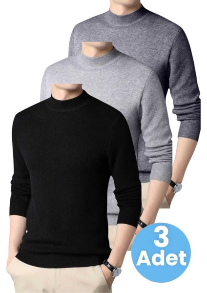 3'lü Erkek Tüylenmeyen Yarım Boğazlı Triko Kazak Yarım Balıkçı Triko Kazak