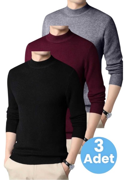 3'lü Erkek Tüylenmeyen Yarım Boğazlı Triko Kazak Yarım Balıkçı Triko Kazak indirimleri