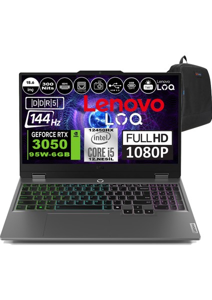 Loq 15IAX9 Intel Core I5 12450HX 24GB Ddr5 512GB SSD RTX3050 6gb 95W 15.6" 144HZ 300NITS IPS Freedos Taşınabilir Bilgisayar 83GS0099TRF05 + Zetta Çanta
