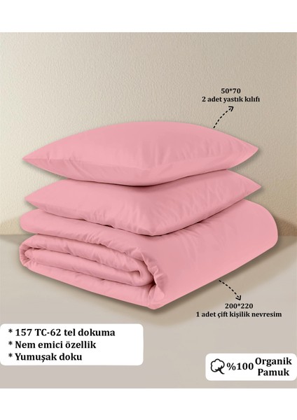 Organik Pamuk Akfil Nevresim Seti Çift Kişilik 200 x 220 cm Pembe