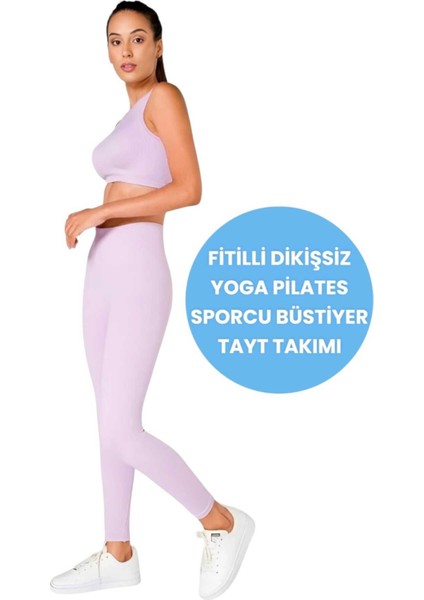 Kadın Fitilli Seamless/dikişsiz Fitness Yoga Pilates Sporcu Büstiyer Tayt Takımı