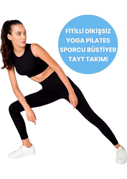 Kadın Fitilli Seamless/dikişsiz Fitness Yoga Pilates Sporcu Büstiyer Tayt Takımı