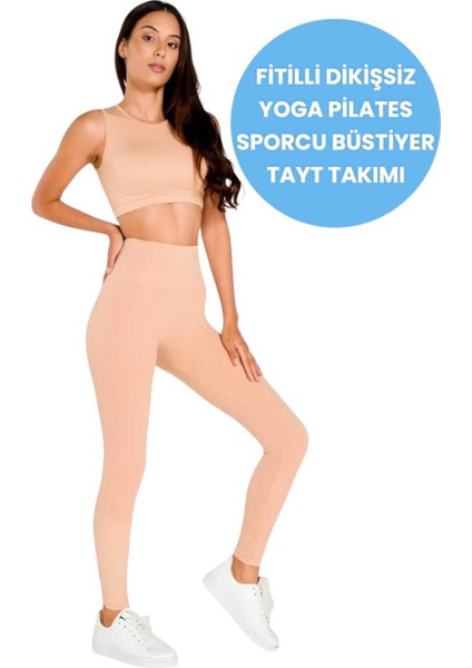 Kadın Fitilli Seamless/dikişsiz Fitness Yoga Pilates Sporcu Büstiyer Tayt Takımı