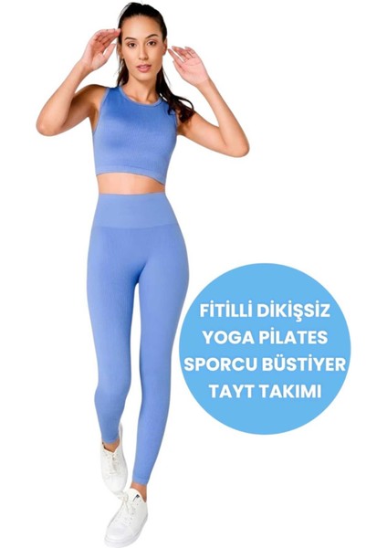 Kadın Fitilli Seamless/dikişsiz Fitness Yoga Pilates Sporcu Büstiyer Tayt Takımı