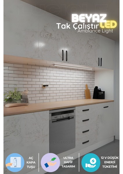 Mutfak Tezgah Altı LED Işık Aç Kapa Beyaz Bar Yapışkanlı 1 Metre - Abajur Mtabjrb4