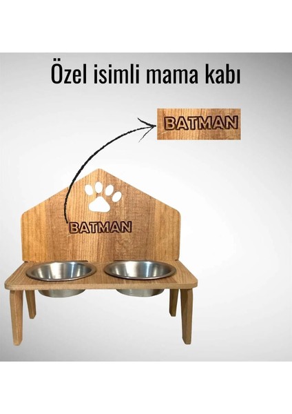 Özel Isim Yazdırılabilen Ahşap Kedi ve Köpek Mama ve Su Kabı Ikili