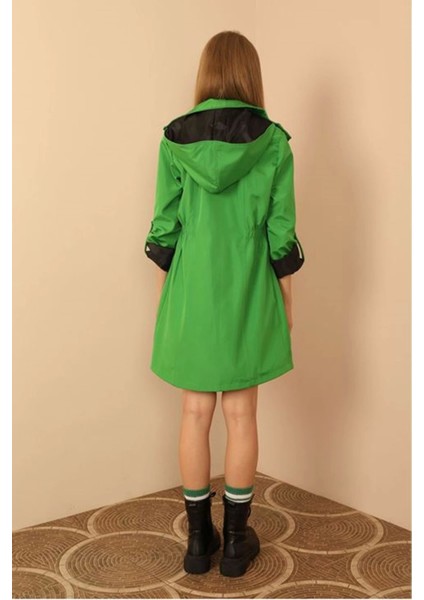 Bondig Kumaş Kapşonlu Uzun Kadın Yağmurluk-Yeşil fiyatları