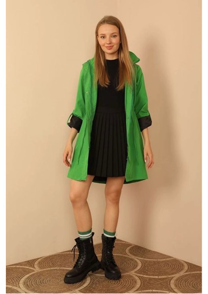 Bondig Kumaş Kapşonlu Uzun Kadın Yağmurluk-Yeşil modelleri