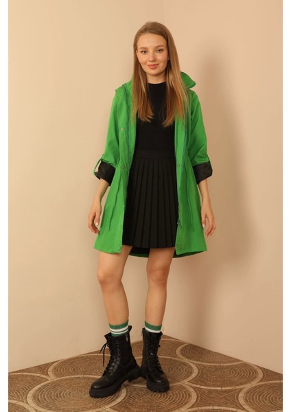 Bondig Kumaş Kapşonlu Uzun Kadın Yağmurluk-Yeşil fırsatları
