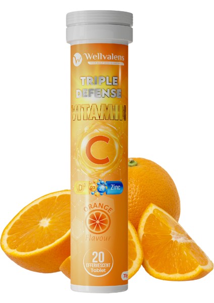 Triple Defence – C Vitamini, D Vitamini ve Çinko İçeren Portakal Aromalı 20 Efervesan Tablet
