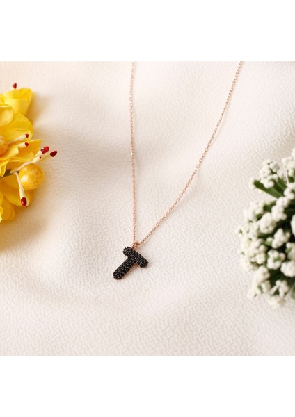Zirkon Taşlı Siyah T Harfi 925 Ayar Gümüş Kolye fiyatları
