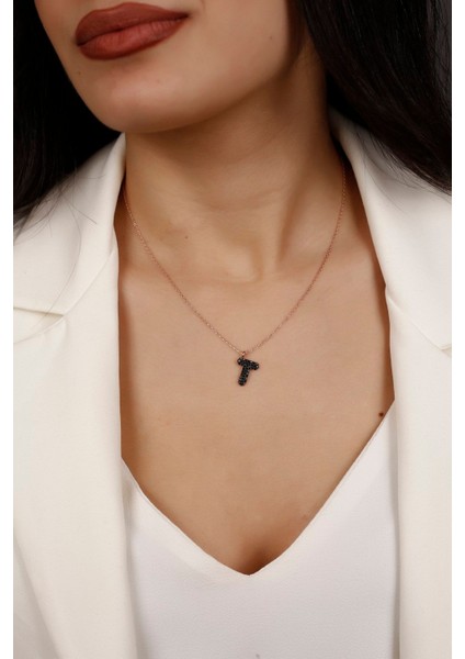 Zirkon Taşlı Siyah T Harfi 925 Ayar Gümüş Kolye modelleri
