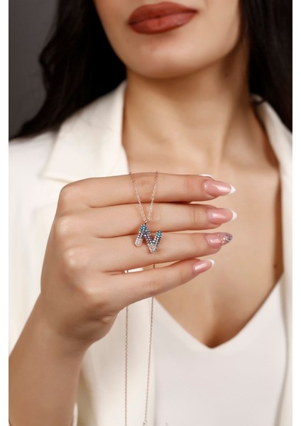 Zirkon Taşlı Renkli N Harfi 925 Ayar Gümüş Kolye