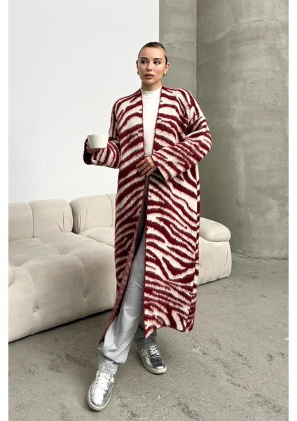 Zebra Desenli Uzun Salaş Triko Hırka Bordo 8247