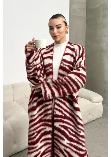 Zebra Desenli Uzun Salaş Triko Hırka Bordo 8247