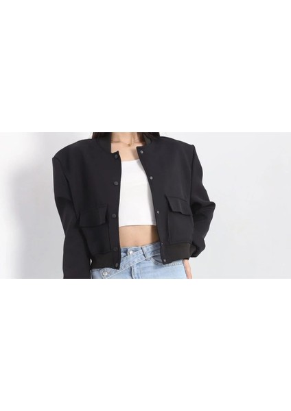 Crop Bomber Ceket Siyah