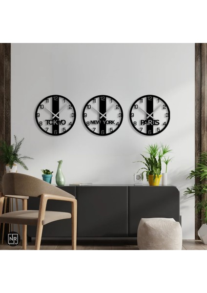 New York, Paris, Tokyo 3lü Dekoratif Metal Duvar Saati
