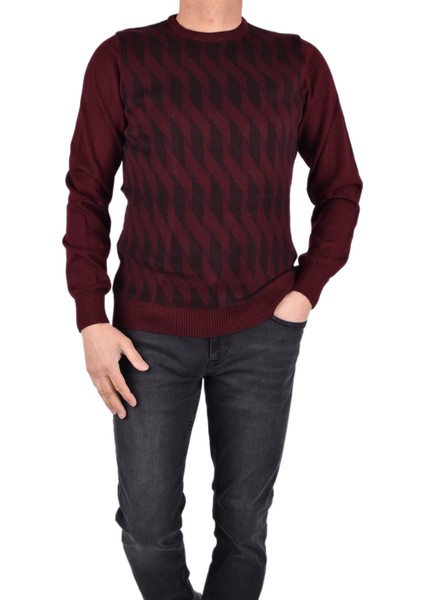 BRG-21174 Bisiklet Yaka Desenli Kazak/bordo/xl