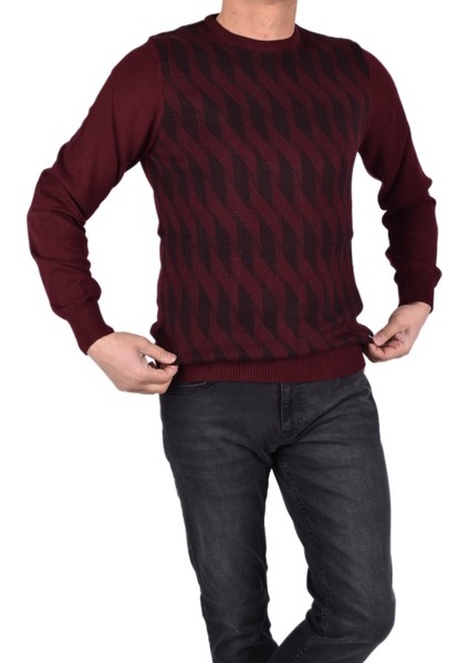 BRG-21174 Bisiklet Yaka Desenli Kazak/bordo/xl