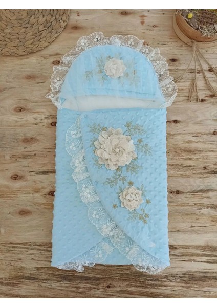 Yenidoğan Topçikli Gül Bahçesi Tül Örtülü Kız Erkek Bebek Klasik Kundak Bebek Battaniyesi Mavi