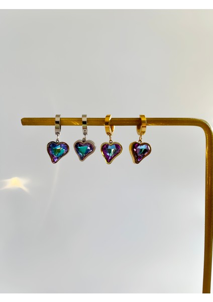 Mor Yansımalı Kalp Parlak Taş Gold Çelik Küpe