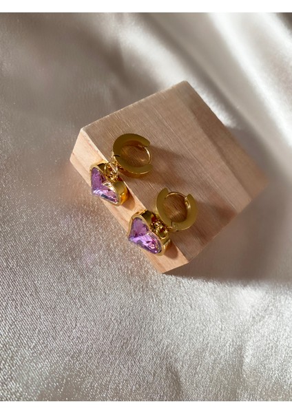 Mor Yansımalı Kalp Parlak Taş Gold Çelik Küpe fiyatları